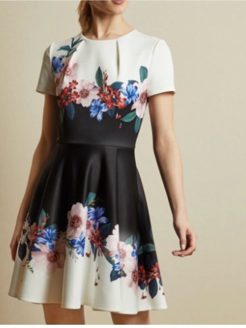 NWT!! Ted Baker London Black and White Floral Fit-and-Flare Mini Dress
